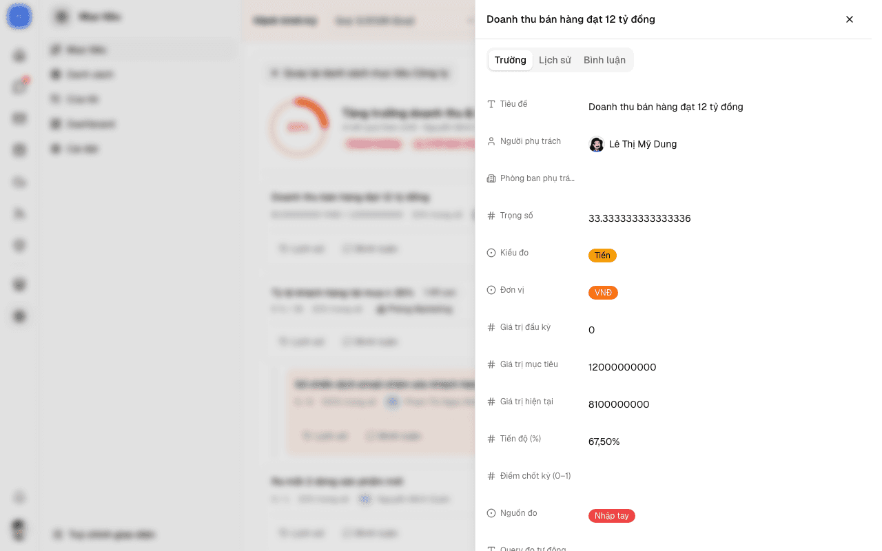 Panel Key Result trong trang Mục tiêu