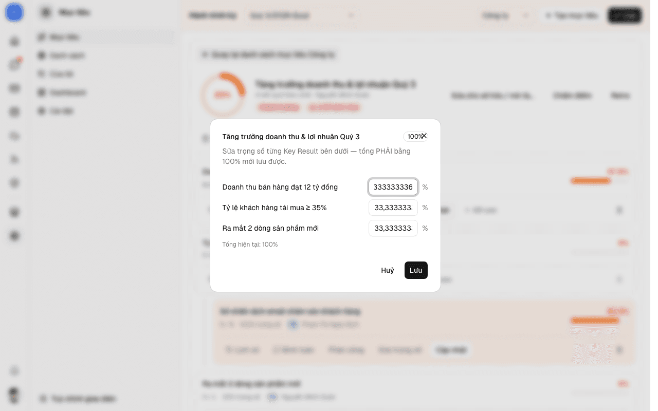 Popup sửa trọng số cả nhóm Key Result