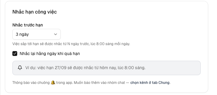 Tab Nhắc hạn — nhóm Nhắc hạn công việc
