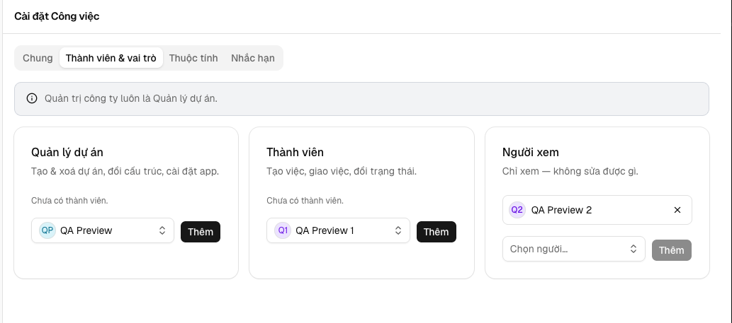 Tab Thành viên & vai trò — 3 cột Quản lý dự án/Thành viên/Người xem, thêm/gỡ người