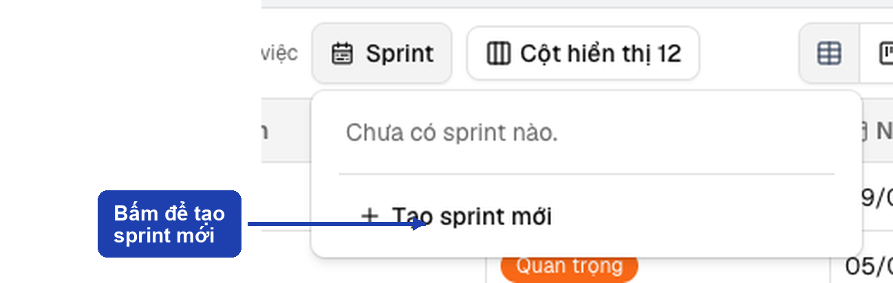Dropdown Sprint chưa có sprint nào — bấm + Tạo sprint mới